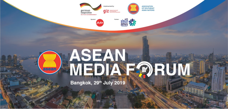 ASEAN Media Forum Bangkok, 29 July 2019, with ASEAN logo and city skyline. Air Asia logo.